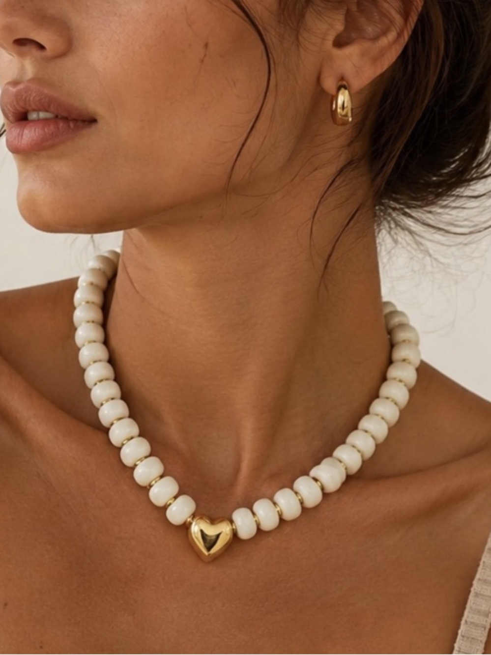 Amalfi Cream Beaded Necklace with Gold Heart Pendant - Picture 2 of 4